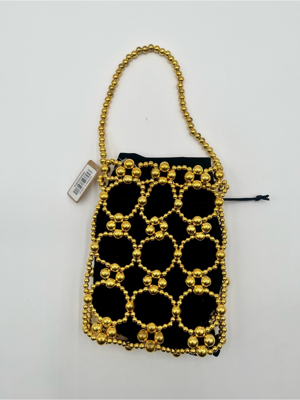 Gold Beaded Evening Bag - Black Velvet Drawstring Pouch